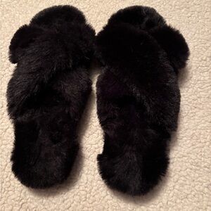 Secret Treasures Slippers, Size L(9-10)Black Faux Fur, Slip-on Slides, Hard Sole